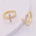S925 zilveren gouden kruis oorbellen met fonkelende roze zirkonia stenen - 925 zilver / Goud Roze Zirconia