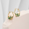 Detailed view of golden hoop earrings featuring blue-green enamel dragonfly and flowers - Gold 【Dragonfly Flower】