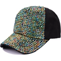 Women's black baseball cap featuring vibrant multi-color rhinestones and a curved brim - Adjustable / Green Rhinestone Black Cloth