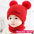 Red baby winter knit hat and scarf set with double pom poms and sleepy eyes embroidery - One Size / Squinting Style / Red
