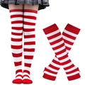 Women's Christmas red and white striped thigh high socks and arm warmer set - Red White Wide Striped Socks and Gloves