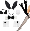 Detail of 8-piece bunny cosplay set featuring satin ears, fishnet stockings and gloves - Bunny Girl Black and White 8-Piece Set