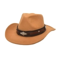 Close-up of western felt hat with leather band and engraved silver metal ornaments - M (56-58cm) / Camel