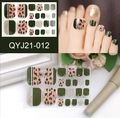 Deep green and leopard print toe nail stickers with gold accents and glitter finish - QYJ21-012 (Dark Green/Pink Leopard/Silver Glitter)