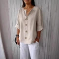 T-shirt donna in lino beige a v con bottoni grandi e maniche con risvolto stile casual - Chiusura A 4 Pulsanti Color Albicocca N. 8033 / 3XL
