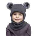 Detail of dark grey kids knitted hood with double faux fur pom-poms and integrated scarf - One Size / Dark Gray
