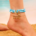 Bohemian multilayer anklet with blue white beads, sea turtle charms and golden tassels - Blue White Beaded Gold Turtle Seahorse Anklet (10 蓝白H-174)