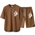 Men's summer coffee brown sport set with lion crown print t-shirt and shorts - M / Coffee