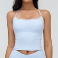 Slim fit light blue yoga tank top with thin shoulder straps and square neckline - S / Tops / Water Blue