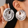 Minimalist silver hammer-textured chunky alloy stud earrings for women in retro style - Lava Texture Geometric Silver (6472)