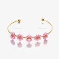 Gold stainless steel cuff bracelet with five pink beaded flowers, 6cm inner diameter - Pink (Polished Flower Bangle)