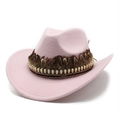 Pink wool felt cowboy hat detail with brown feathers and golden skull beaded trim - Pink