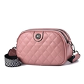 Pink quilted crossbody bag with daisy charm and wide black-white patterned strap - Pink