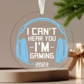 Round clear gaming ornament for Christmas tree with gaming quote and white hanging ribbon - I'm Gaming Gamer 2023