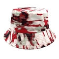 Detail van rood-zwarte tie-dye vissershoed met versterkte stiksels op de rand van de hoed - M (56-58cm) / Rood