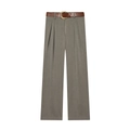 Graue Damen-Stoffhose mit hohem Bund, geradem Bein und braunem Ledergürtel mit Goldschnalle - XS / Dunkelkhaki