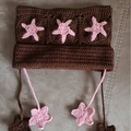 Handmade crochet devil cat ear hat in dark coffee brown with pink star accents - Adult 56-59cm / Pink Star