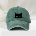 Vintage washed cotton baseball cap in sage green featuring a cute black cat embroidery - Dark Green