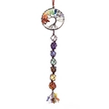 Detailed view of handmade Tree of Life hanging ornament with natural colorful crystals - Antique Bronze Slanted Tree of Life Woven Hanging