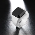 Macro shot of square black faux obsidian stone on a wide silver band for men - Adjustable Open / Style E-Wide Band Faceted Square Stone / Silver/Black