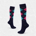 Blue argyle compression sports socks with pink accents and elastic knee-high knit design - S/M / Navy Argyle