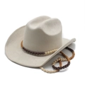Detail of cream western cowboy hat featuring intricate beaded band and matte felt texture - M(56-58cm) / Beige