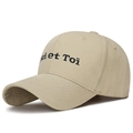 Beige cotton baseball cap featuring black 'Moi et Toi' embroidery in a stylish Korean fit - Adjustable / Deep Beige