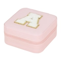 Pink portable jewelry box with white plush letter A and golden zipper for travel - Letter A (No Mirror) (FS61) / 10x10x5cm