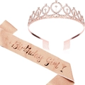 Close-up of rose gold birthday girl sash with glitter fabric and crystal crown tiara - Set 4 (Rose Gold Script Birthday Girl)