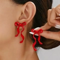Elegantes pendientes de lazo rojo con acabado de laca suave para un estilo vintage de invierno - Lazo rojo
