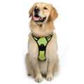Close-up of neon green dog harness with reflective strips and breathable mesh fabric - Green