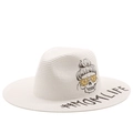 White woven fedora straw hat featuring skull illustration and MOMLIFE text print - White Skull Hashtag Style(2)