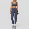 Donkergrijs-blauwe yogaset voor dames met sportbeha met U-hals en high-waist legging - L / Sportbeha + Legging / Marineblauw