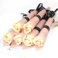 Set of 7 cream soap roses wrapped in glittery pink paper with black ribbons - Champagne (Shiny Rose)