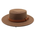 Detailed view of dark brown woven straw flat top hat with premium brown leather strap - Brown