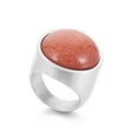 Chunky silver stainless steel ring featuring a large oval reddish-brown goldstone inlay - Silver + Brown Goldstone (KR48292-K)