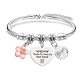 Macro shot of silver snake chain bracelet with MOM heart pendant and pink flower charm - Petal Hand in Hand (MOM Thanks for being my best friend)