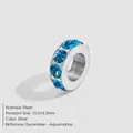 Silver stainless steel large hole spacer bead with faceted aquamarine blue stones for jewelry DIY - December Lake Blue (DEC-AQUAMARINE) / 10.5x3.5mm / Silver