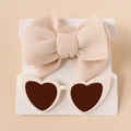 Baby gift set featuring a soft cream bow headband and white heart-shaped sunglasses - Beige Set