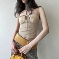 Slim fit beige camisole with floral lace panels and front tie bow detail for women - S / Apricot