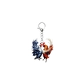Detalle macro del llavero de acrílico con estampado de gallos y anillo metálico brillante - Gallo Azul Profundo Rojo Marrón (Estilo 2)