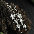 Antique silver leaf earrings with red gemstone and intricate vine patterns for women - Wine Red (G)