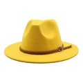 Detail of yellow wool fedora featuring a brown woven band with a gold metal buckle - M (56-58cm) / Yellow