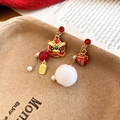 Detail of red festive earrings with pearl charms and Chinese Fu character on paper - Alloy/Silver Pin/Faux Pearl/Plush / Asymmetric Lion Dance Fu Tag With Plush Ball & Pearl (5#)