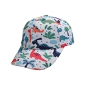 Close-up of white kids baseball cap featuring colorful dinosaur and palm tree patterns - White - Dinosaur Print