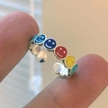 Adjustable silver rainbow ring with colorful enamel smiley face motifs for women - Rainbow Smiley Face Open Silver Ring / Silver Rainbow Smiley