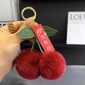 Plush cherry keychain with green leaves and gold ring for bags and car keys - Red Cherry Because Of You