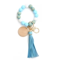 Sky blue and white checkered beaded keychain with leather tassel and round wooden disk - Sky Blue
