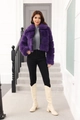 Detail of purple faux fur jacket showing thick plush texture and horizontal stripe pattern - S / Purple