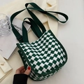 Green and white houndstooth canvas crossbody bag with adjustable wide fabric strap - Green
